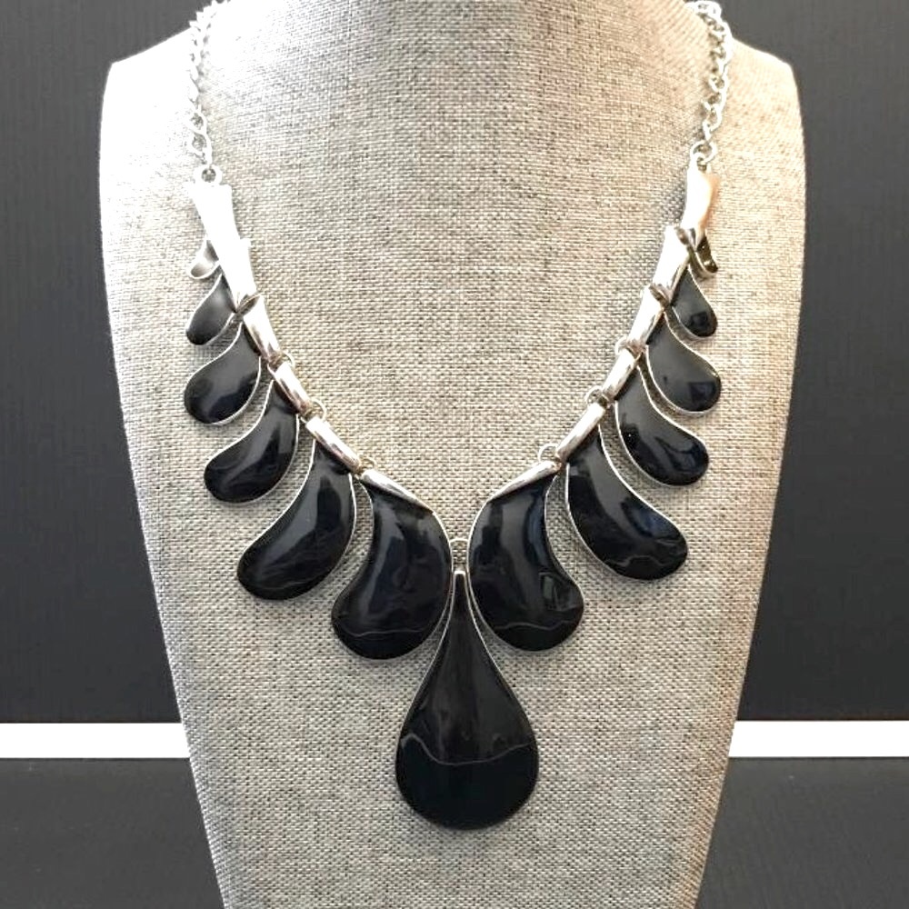 Silver-Tone & Black Enamel Statement Necklace
